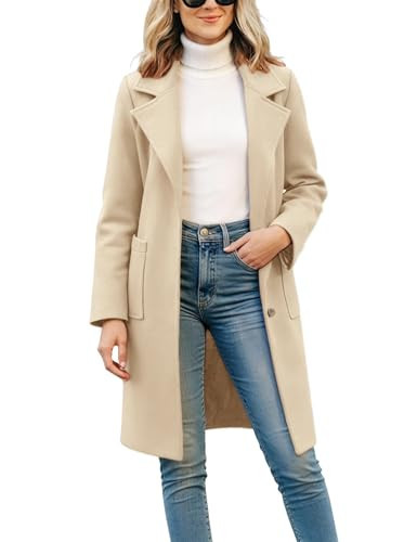 Omoone Women's Winter Wool Blend Coat Notch Lapel Mid Long Single Breasted Pea Coat Jacket Outwear(2629-CreamWhiteX1-XXL) | Amazon (US)