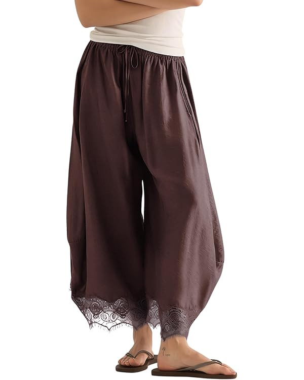 Lviefent Womens Cropped Lace Hem Pants Casual Drawstring Waist Summer Wide Leg Pants Beach Trouse... | Amazon (US)