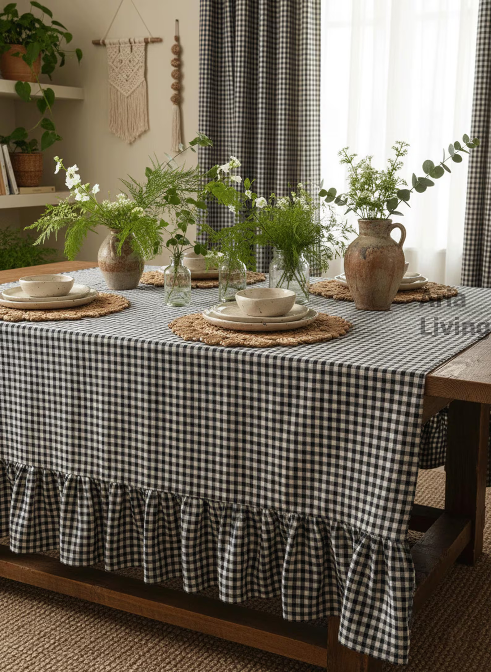 Boho Ruffled Gingham Linen Tablecloth – Handmade Rustic Natural Linen Dinign Table Decor Cloth | Etsy (US)