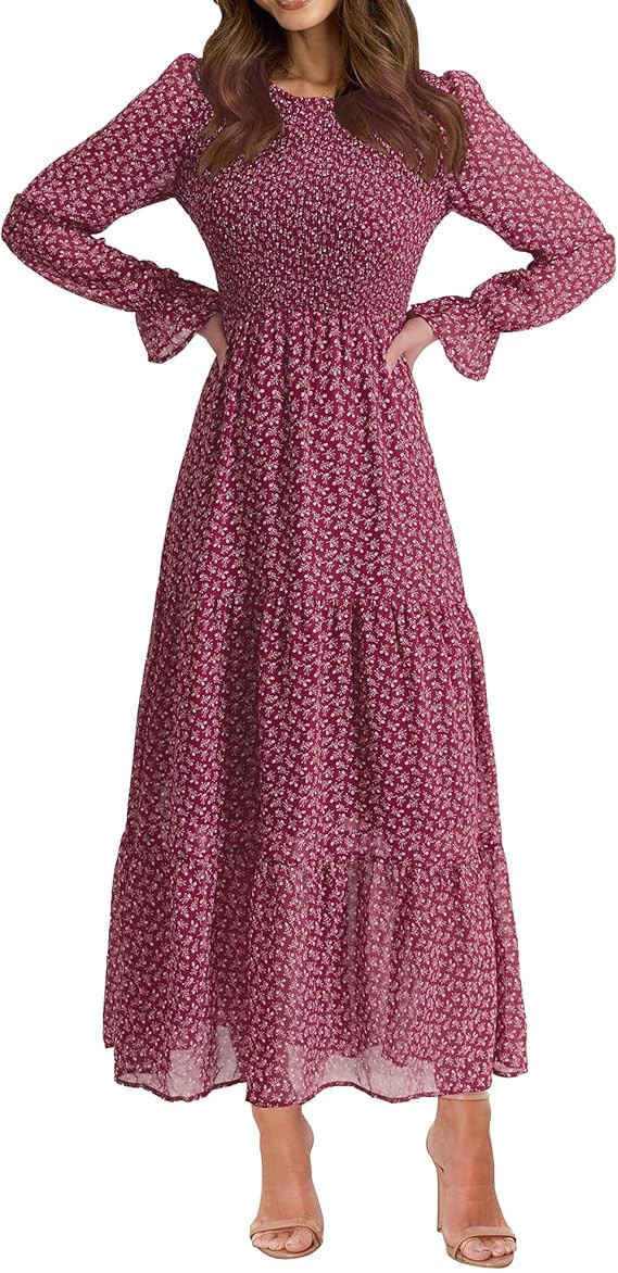 BTFBM Women Casual Long Sleeve Crew Neck Fall Dress Bohemian Relaxed Fit Floral Flowy Maxi Dresse... | Amazon (US)