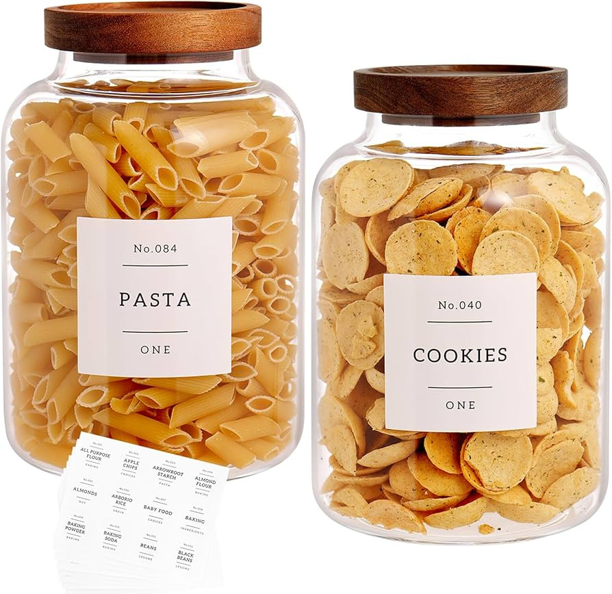 Set Of 2 Large Glass Jar with Wooden Lid with 132 Labels, Glass Storage Jars for Flour Pasta Cand... | Amazon (US)