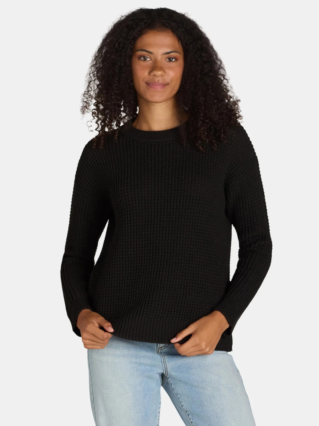 Time and Tru Women's and Women's Plus Waffle Stitch Sweater with Long Sleeves, Midweight, Sizes X... | Walmart (US)