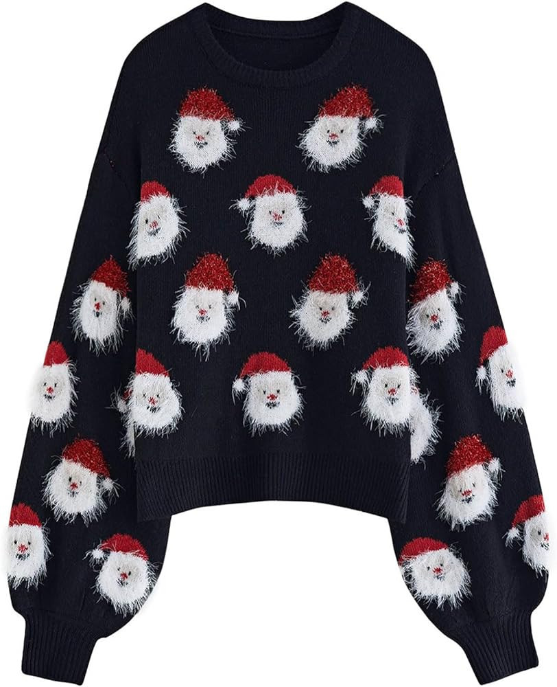 CHICWISH Women's Black/Green/Pink/Red Fuzzy Santa Claus Knit Top | Amazon (US)