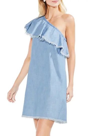 Women's Vince Camuto Frayed Ruffle One-Shoulder Chambray Dress, Size XX-Small - Blue | Nordstrom