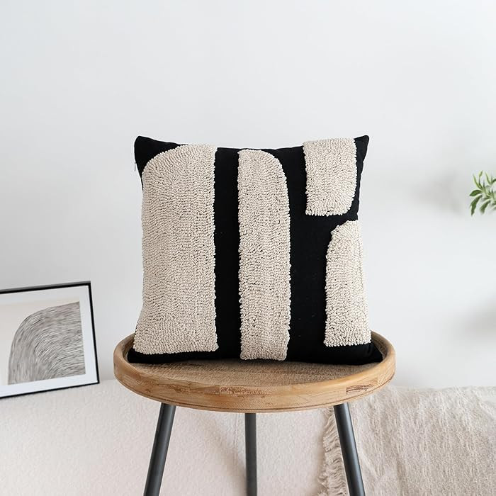 Black White Boho Chunky Tufted Pillow Cover, Neutral Decorative Square Throw Pillow Case, Geometr... | Amazon (US)