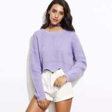 Purple Drop Shoulder Scallop Hem Crop Sweater | SHEIN