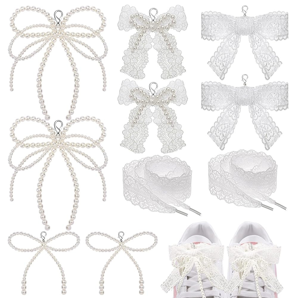 Draupnir 8 Pcs Pearls Lace Bow Shoe Charms For Sneakers Decorations Bowknot Buckle Pearl Beaded C... | Amazon (US)
