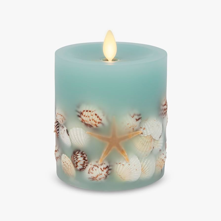 Luminara Flameless LED Candle Soft Teal Embedded Seashell & Starfish Moving Flame Pillar Unscente... | Amazon (US)