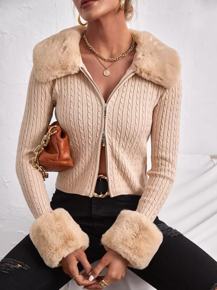 Cable Knit Zipper Cardigan With Removable Collar
   
      SKU: sw2108258981889237
          (100... | SHEIN