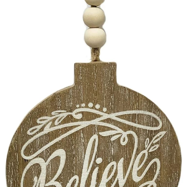 Holiday Time "Believe" Natural Whitewashed MDF Beaded Christmas Ornament, 5.5", 3.6 oz | Walmart (US)