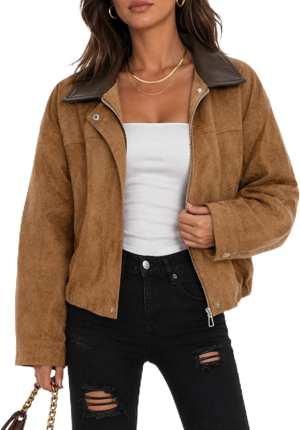 Womens Faux Suede Jacket, Collar Zip Up Casual Bomber Cropped Coat 2026 | Amazon (US)