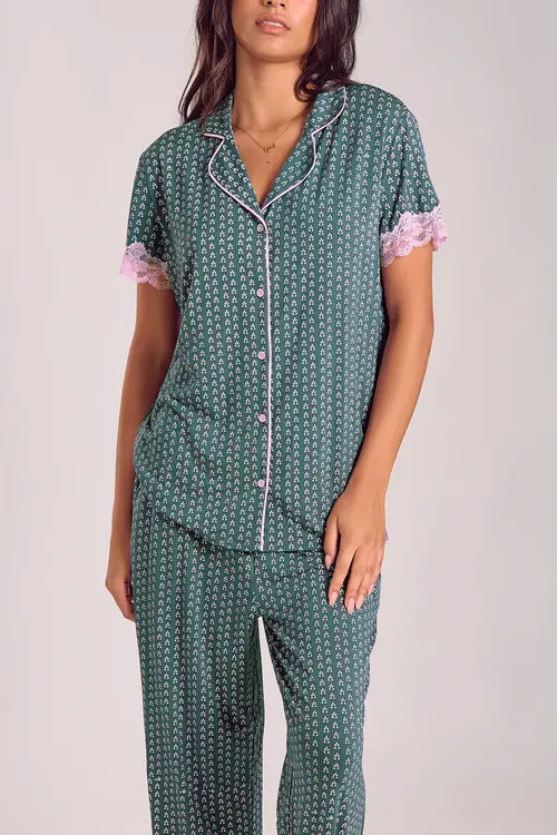 iCollection Viscose Lace-Trim Pajama Set with Cropped Pants in Green-Pink at Nordstrom, Size Medium | Nordstrom