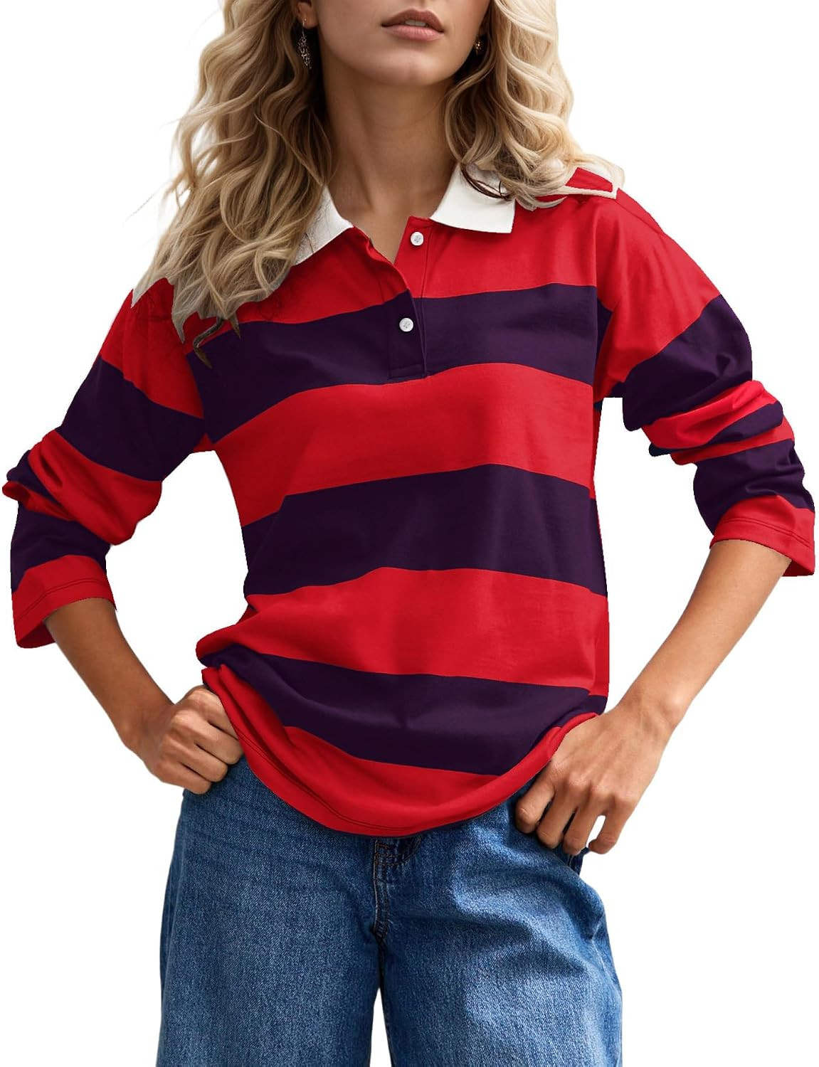 Burtell Fall Striped Polo Long Sleeve Shirts for Women Casual Button Lapel V Neck Color Block Tops Vintage Rugby Shirt Blouse | Amazon (US)