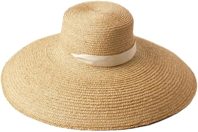 Spring And Summer Flat-Top Curved Large Brim Strap Hand-Woven Raffia Straw Hat Outdoor Travel Bea... | Amazon (US)