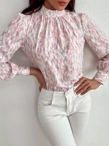 Allover Print Mock Neck Bishop Sleeve Blouse SKU: swblouse02210611334(100+ Reviews)$18.00Make 4 p... | SHEIN