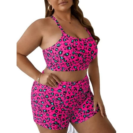 Leopard Print Straps Pink Plus Size Bikini Sets (Women s Plus) | Walmart (US)