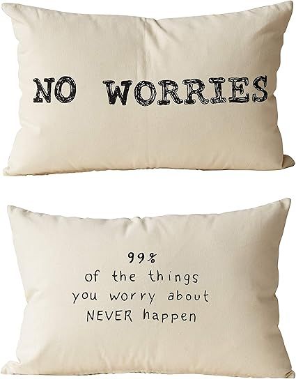 Creative Co-Op White Cotton Printed No Worries (Different Designs on Front & Back) Pillow, | Amazon (US)