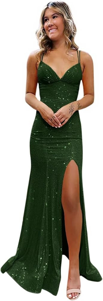 Tianzhihe Sparkly Sequin Prom Dresses with Slit Long Spaghetti Straps V Neck Mermaid Formal Dress... | Amazon (US)