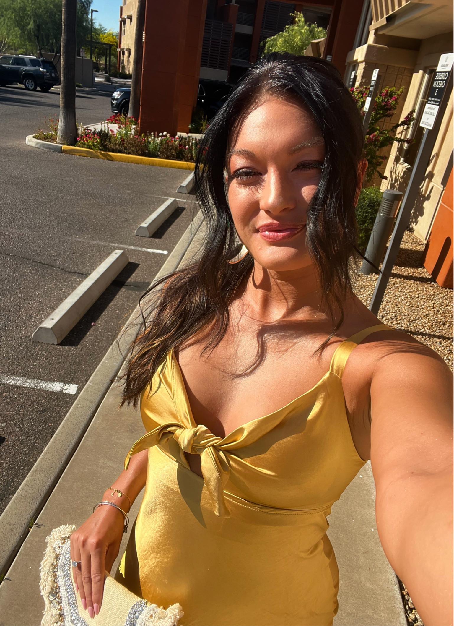 Linked a similar dress but same exact color and material! So flattering especially with a nice tan ✨ perfect for a wedding guest dress!

Also… the clutch is everything and adds a little spice to a simply stated outfit. ✨

#LTKfindsunder100 #LTKwedding #LTKitbag