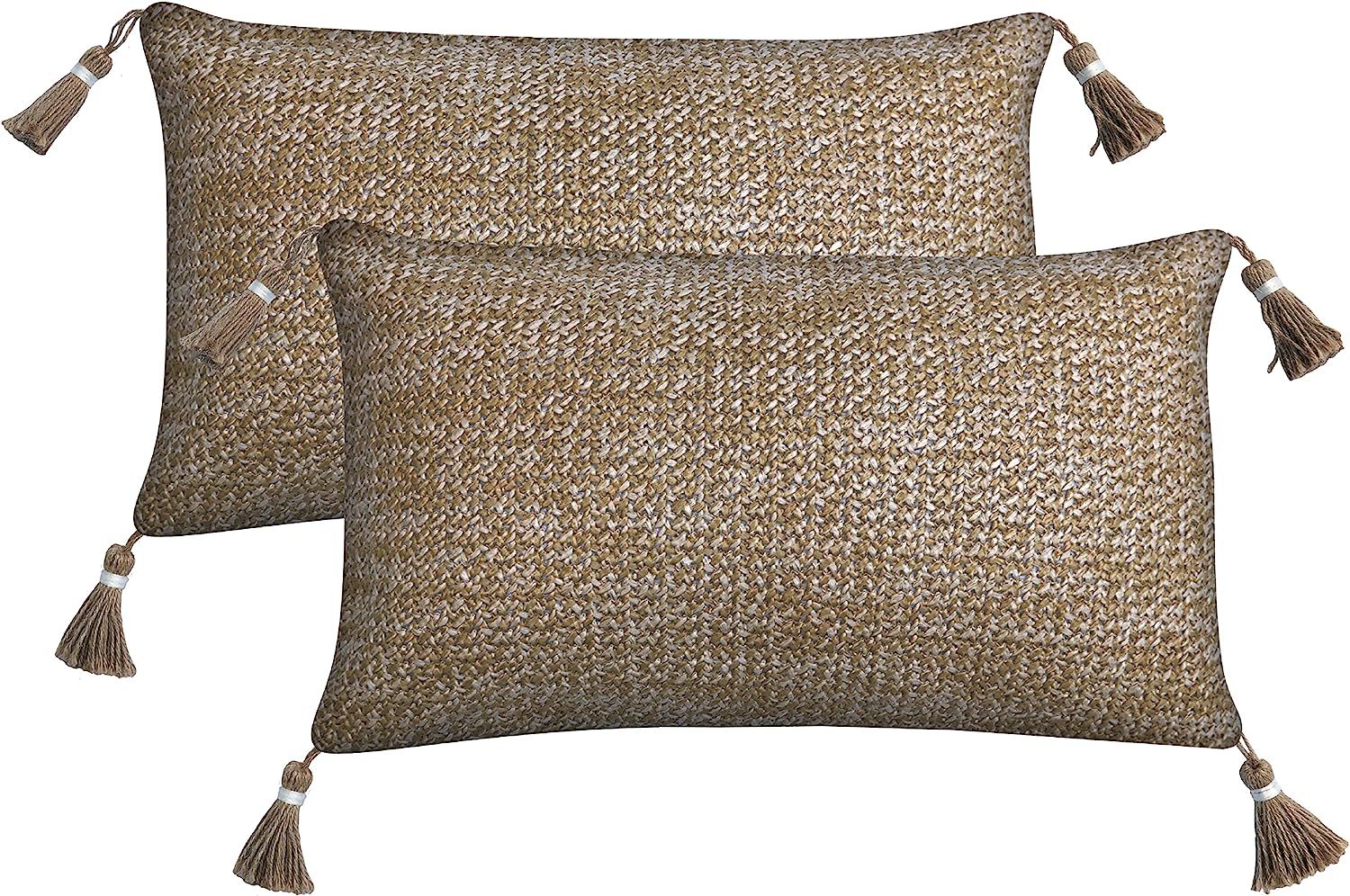 Honeycomb Indoor/Outdoor Raffia Natural Lumbar Toss Pillow with Tassels, Woven Faux Jute Fabric, ... | Amazon (US)