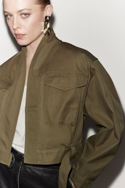 Shawl-Collar Jacket - Long sleeve - Cropped - Beige - Ladies | H&M GB | H&M (UK, MY, IN, SG, PH, TW, HK)
