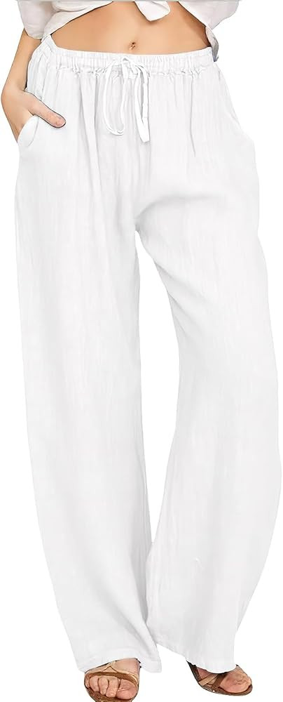 ebossy Women's Cotton Linen Pants Elastic High Waist Drawstring Wide Leg Lounge Palazzo Yoga Trou... | Amazon (US)