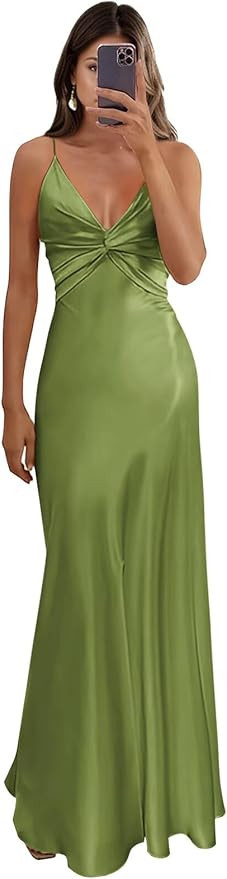 Women's Silk Satin Prom Dresses for Teens V Neck Long Ruched Halter Corset Formal Dress Evening G... | Amazon (US)