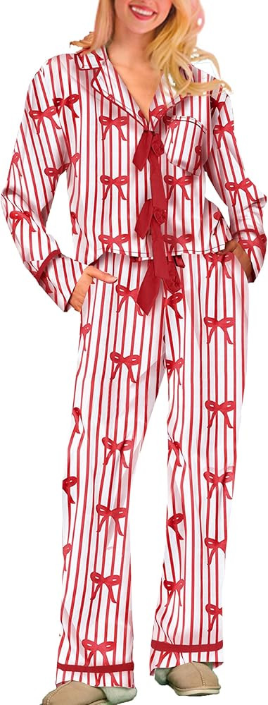 Holiday Bow Pajamas for Women Satin Silk 2 Piece Cute Festival Print Pjs Long Sleeve Button Shirt... | Amazon (US)