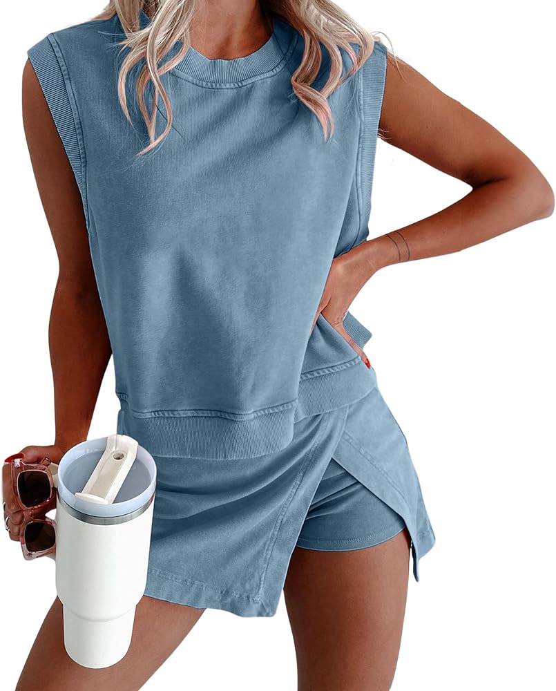 Womens 2 Piece Washed Cotton Outfits Tank Top Skort Set Casual Summer Tracksuit with Side Slit & ... | Amazon (US)