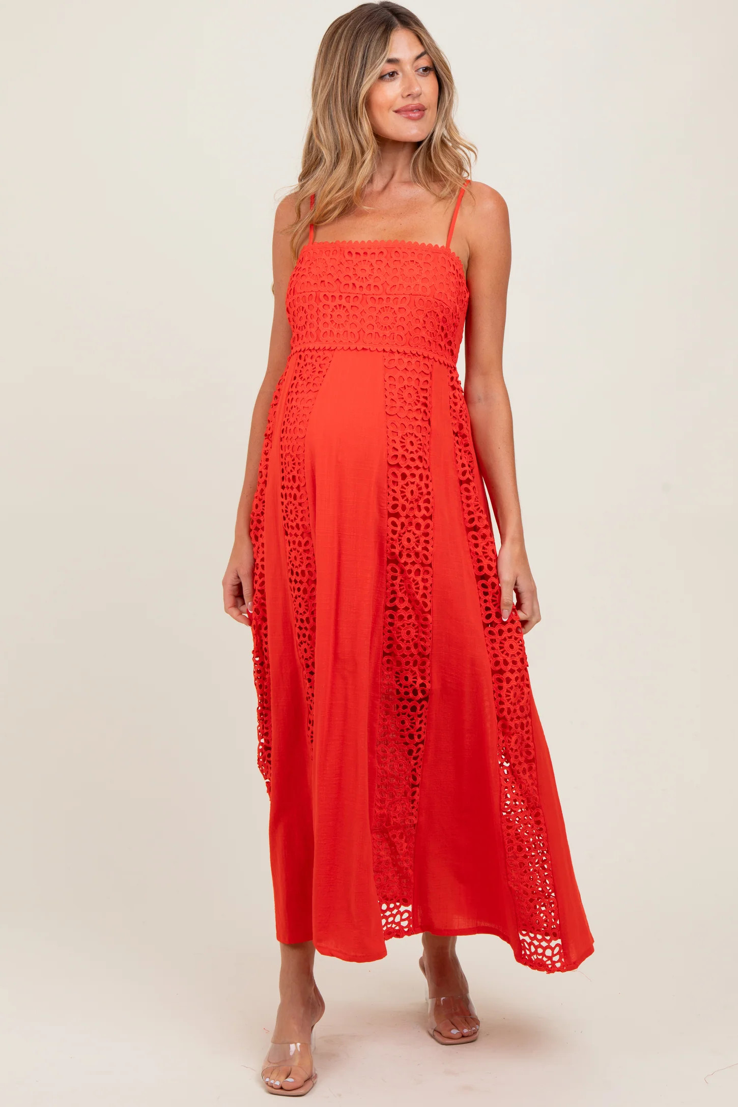 Coral Red Crochet Lace Paneled Maternity Maxi Dress | PinkBlush Maternity