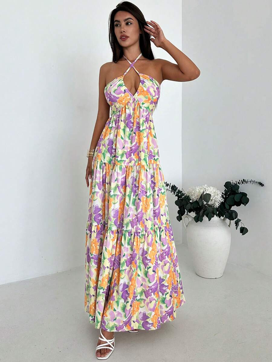 SHEIN Privé Women's Romantic Floral Printed Beach Vacation Halter V-Neck Pleated Backless A-Line... | SHEIN