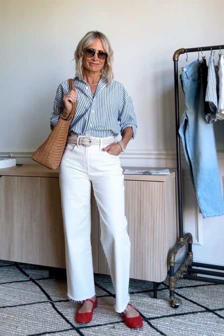 Red shoes
Off white wide leg denim- typically a 24 or 25. Did these in a 25 regular length. I am 5’2”.
Top in xs
The leather bag is gorgeous 

#LTKxMadewell #LTKOver40 #LTKShoeCrush