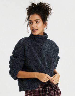 AE Fuzzy Sherpa Boxy Mock Neck Sweatshirt | American Eagle Outfitters (US & CA)