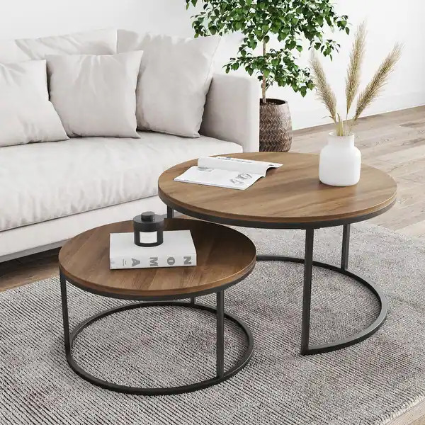 Nathan James Stella Round Nesting Coffee Table Set of 2 - Reclaimed Oak/Gunmetal | Bed Bath & Beyond