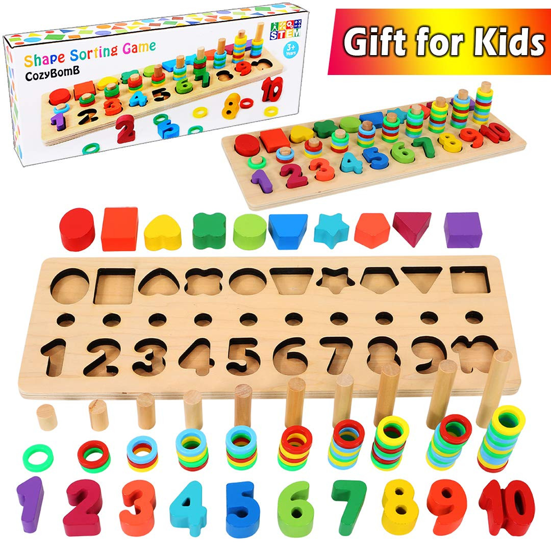 CozyBomB Wooden Number Puzzle Sorting Montessori Toys for Toddlers - Shape Sorter Counting Game f... | Amazon (US)