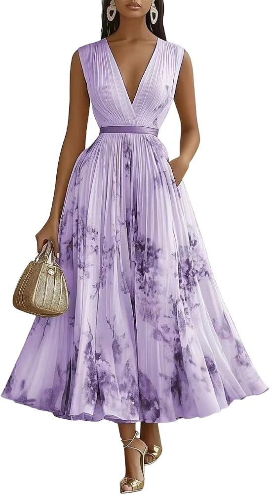 Wedding Guest Maxi Dresses for Women 2026 Elegant V-Neck Sleeveless Pleated A-Line Flowy Party Lo... | Amazon (US)