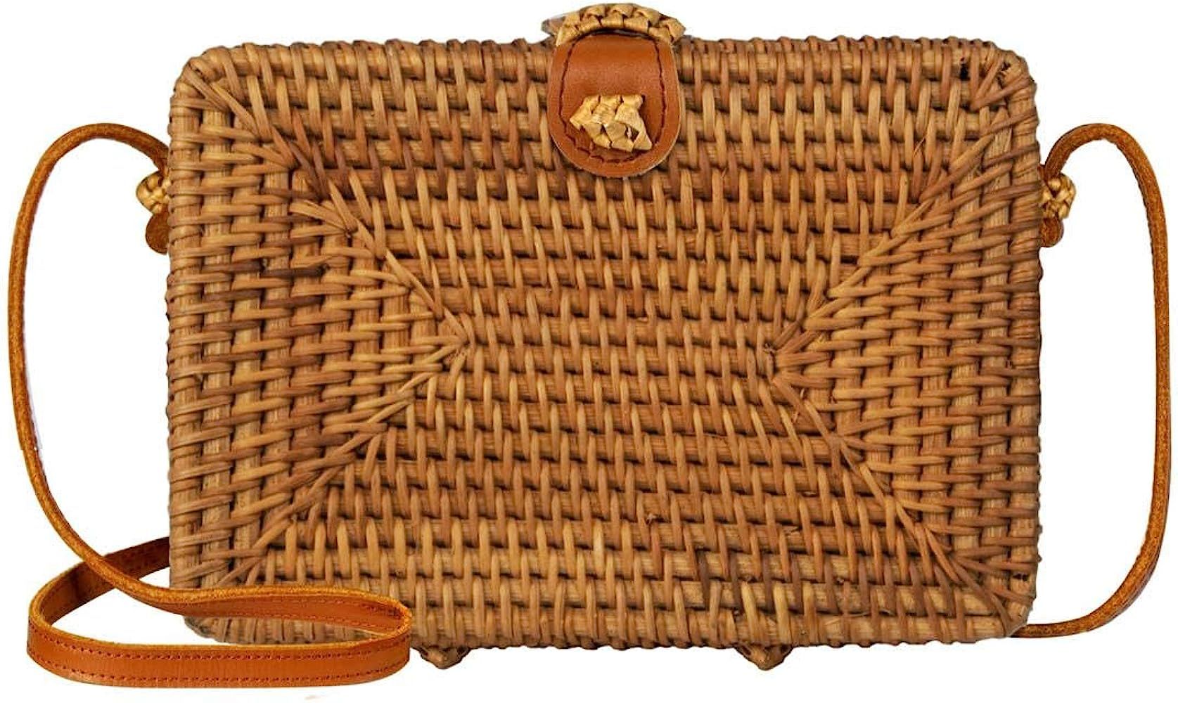 Ata Rattan Crossbody Bags with Genuine Leather | Woven Wicker Straw Purses (Square Bag) | Amazon (US)