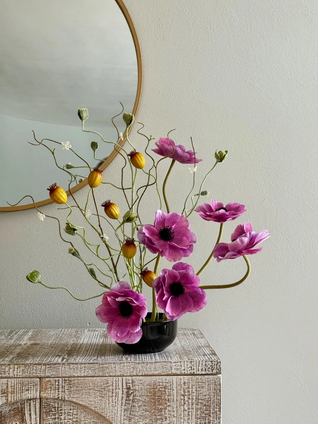 Ikebana Poppy Arrangement: White or Pink Purple Real Touch Anemones Flowers in Black Vase - Etsy | Etsy (US)