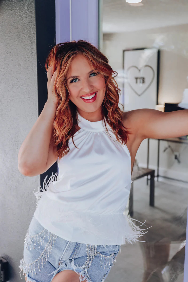 *MODEL* Fluttery Flair Satin Mock Neck Crop Top - White - FINAL SALE | Whiskey Darling Boutique