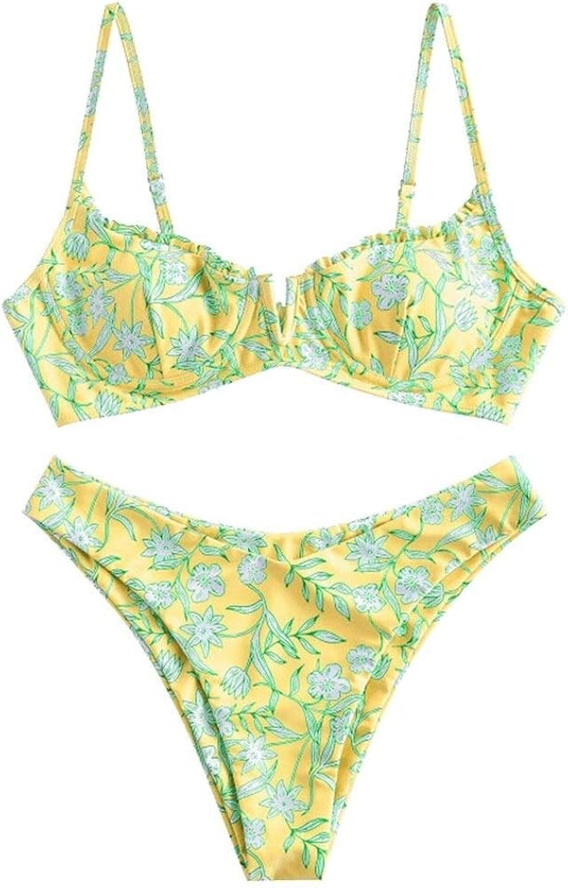 ZAFUL Women Swimsuit V Wired Bathing Suit Floral Tie Reversible Bikini Set | Amazon (US)