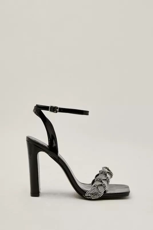 Patent Faux Leather Diamante Braid Front Block Heels | Nasty Gal (US)