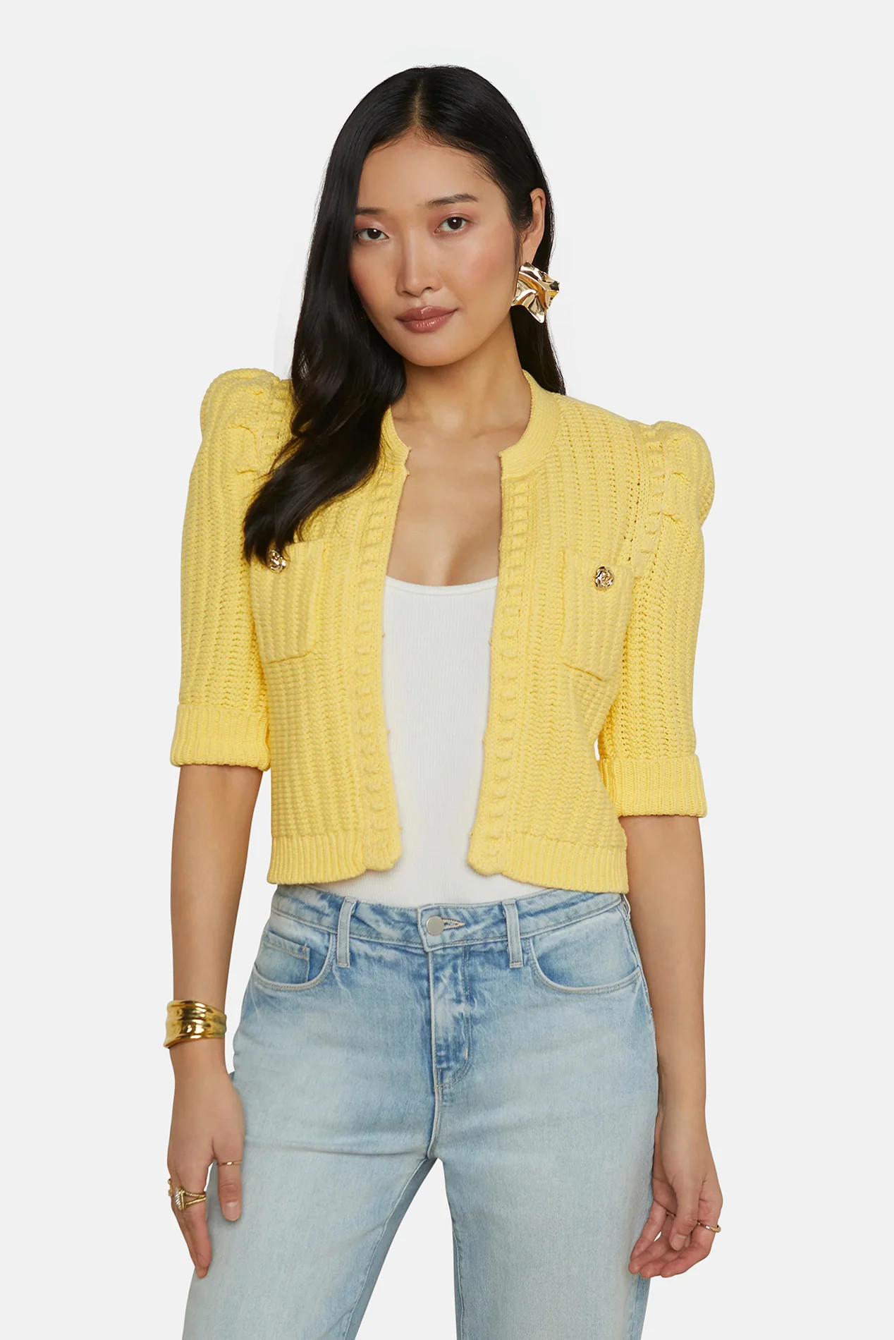 Delilah Cropped Cardigan Pale Yellow | Blue & Cream