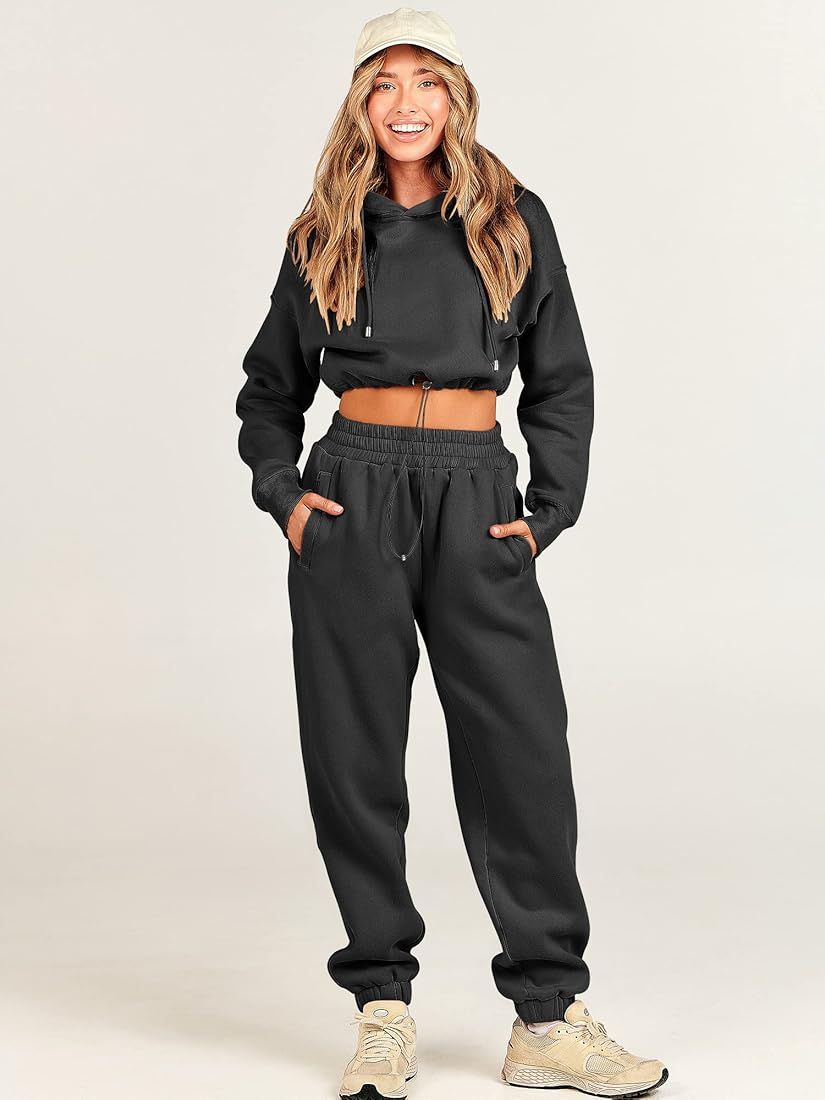 Prinbara Women's 2023 Fall Two Piece Outfit Long Sleeve Oversized Cropped Hoodie Long Pants Tracksui | Amazon (US)