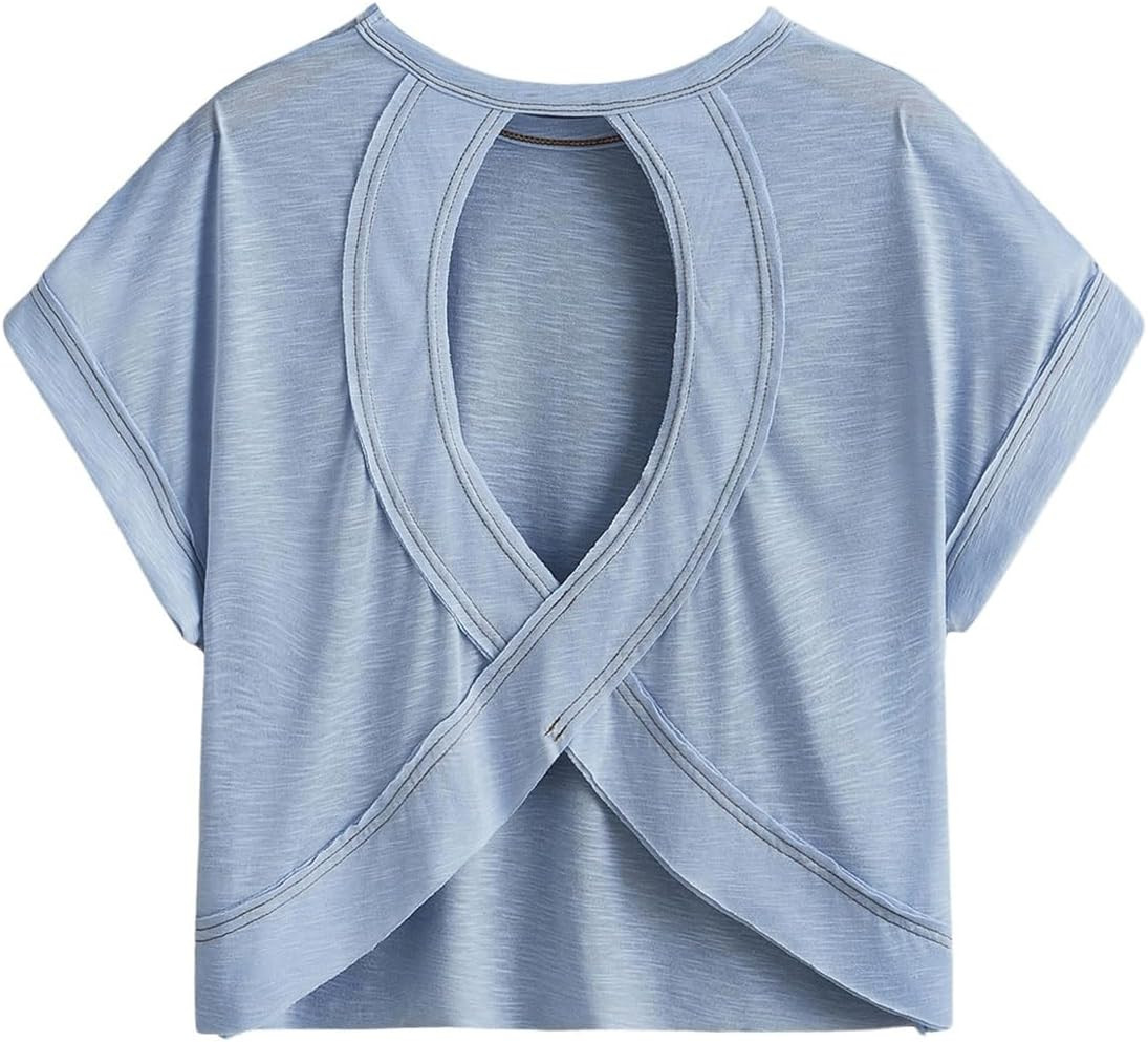 SOLY HUX Women Open Back Tops Workout Backless Tee Casual Athletic Shirts Short Sleeve Oversized Gym T Shirt | Amazon (US)