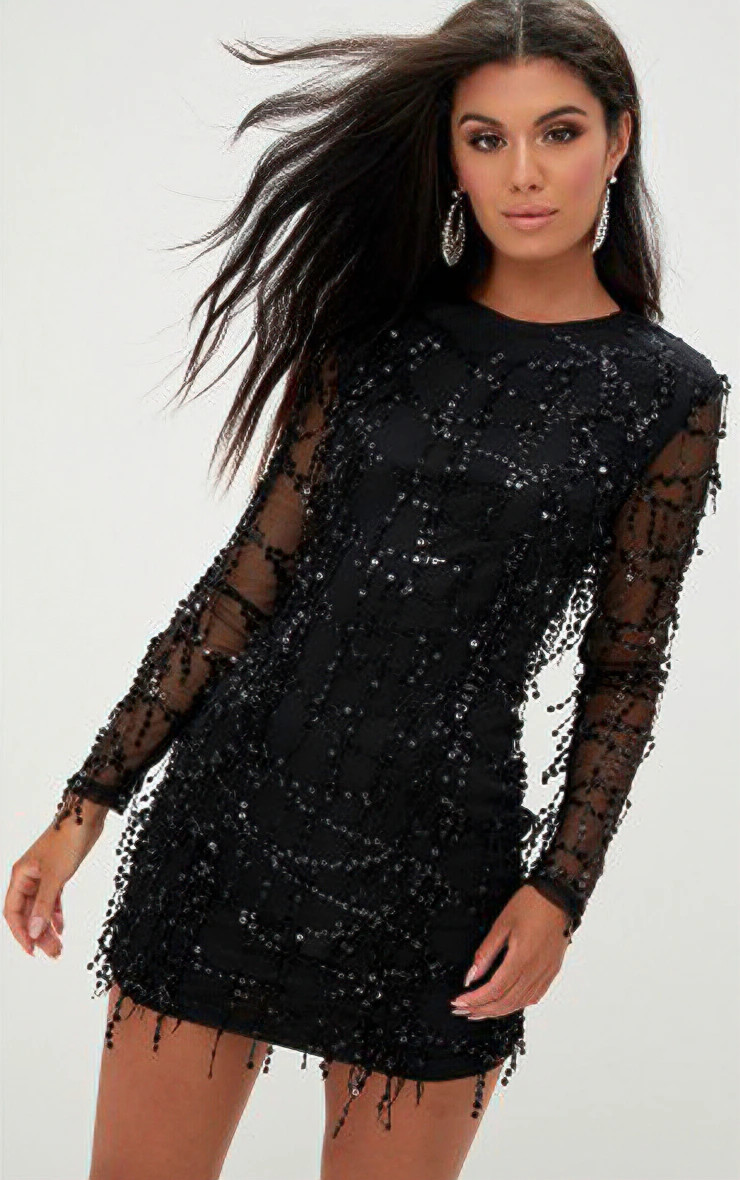 Black Sequin Detail Long Sleeve Mini Dress | PrettyLittleThing UK