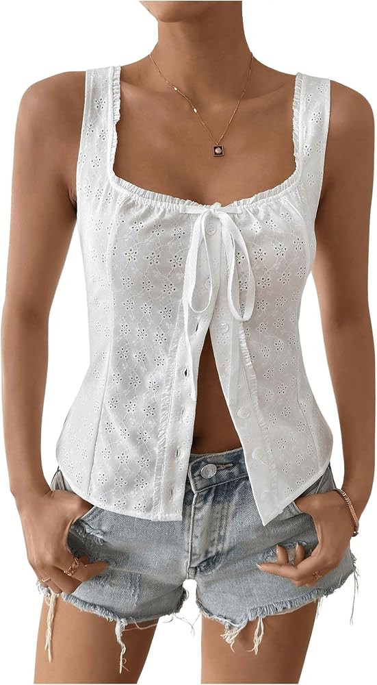 Floerns Women's Button Front Sleeveless Eyelet Embroidery Sleeveless Tank Top | Amazon (US)