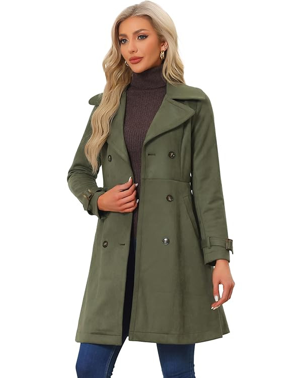 Allegra K Women's Faux Suede Trench Coat Jacket Classic 2023 Fall Winter Double Breasted Overcoat | Amazon (US)