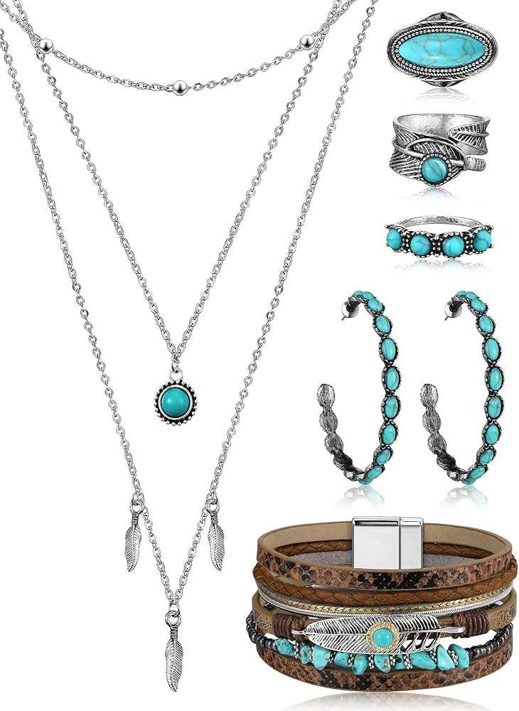 Ecally Bohemian Western Jewelry Turquoise Set Women Country Pendant Long Choker Layered Bracelets... | Amazon (US)