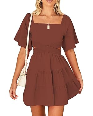 Shy Velvet Women's Summer Dress Square Neck Short Sleeves Crossover Waist Casual Party Mini Dress | Amazon (US)