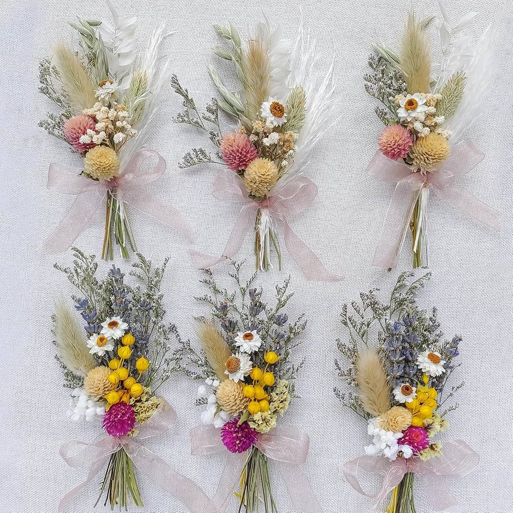 Mini Dried Flower Bouquet Set of 6, Small Bouquets, Bohemian Wedding Table Centerpieces Table Arrangements, Bridesmaid Flower Girl Proposal Gift Box, Birthday Cake Table Vase Decorations. (Pink) | Amazon (US)